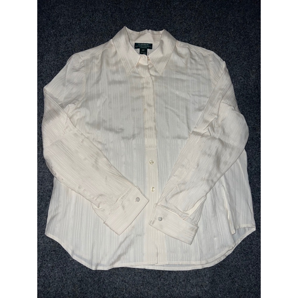 Lauren Ralph Lauren Petite Silk Button Down Shirt Cream Stripe 12P